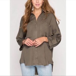 NWT Amor Adore Top Small Boutique Brown/Grey Oversized Top 3/4 Sleeves Pocket